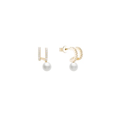 2 Lines Shinny & Pearls Gold Earrings