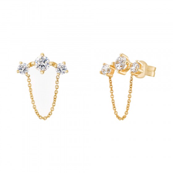 Gold Trendy Triple Solitaire & Chain Earrings