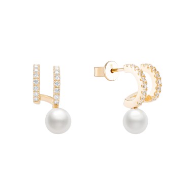 2 Lines Shiny & Pearls Golden Earrings