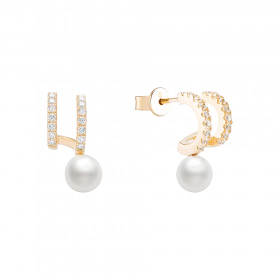 2 Lines Shiny & Pearls Golden Earrings