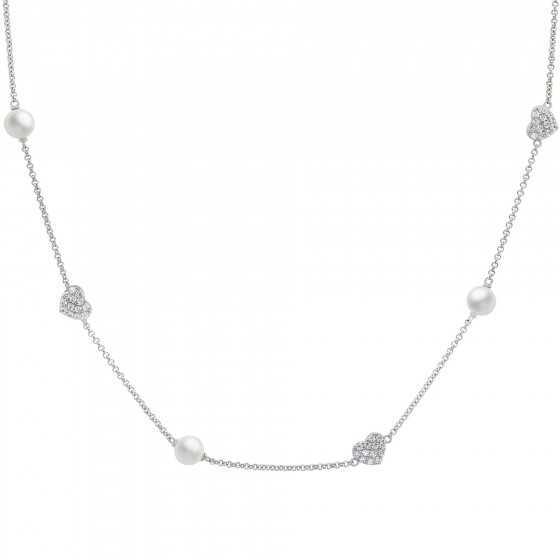 Classy Hearts & Pearls Silver Necklace