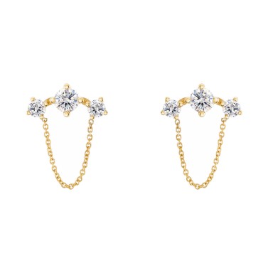 Gold Trendy Triple Solitaire & Chain Earrings