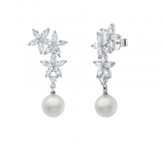 Brincos Bridal Three Flowers Pearl Silver