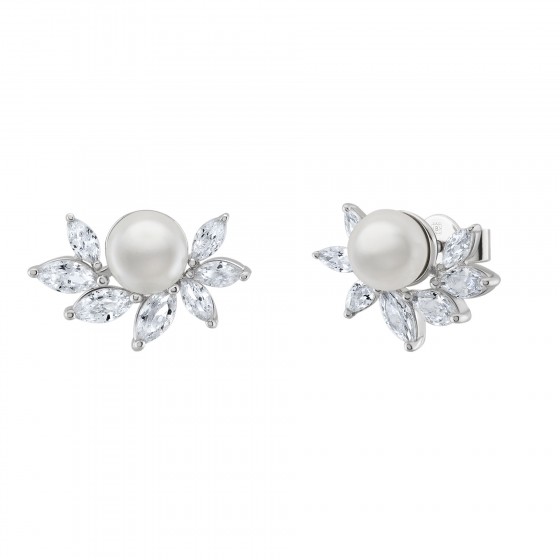 Brincos Bridal Leafs Pearl Silver
