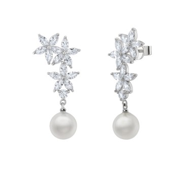 Bridal Three Flowers Pearl Silver Earrings