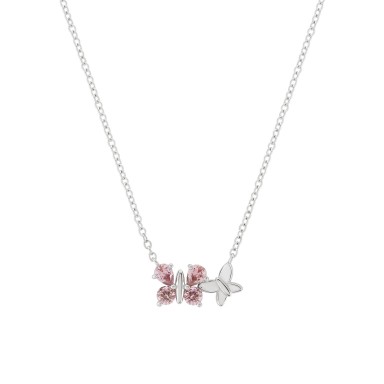 Girls Cz Pink Silver Butterfly Necklace