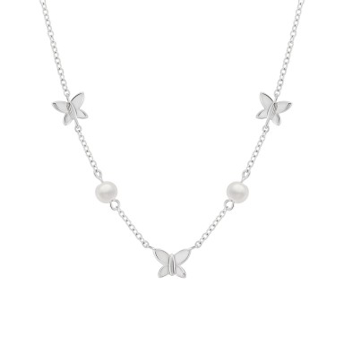 Girls Butterfly Pearls Silver Necklace
