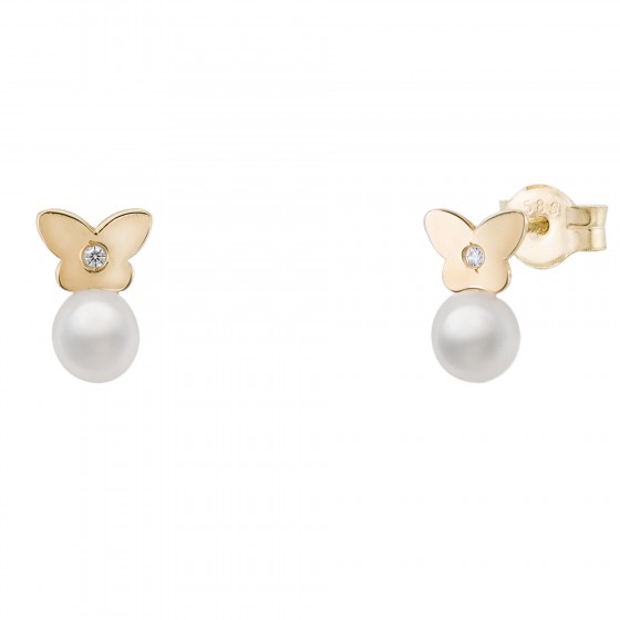 Brincos Ouro Girls Pérola e Borboleta Brincos Ouro Girls Pérola e Borboleta